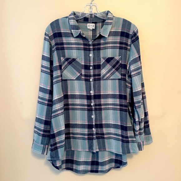 Olive + Oak Stitch Fix Plaid Teal Navy Pink Flannel Button Down Top XL - Picture 1 of 5